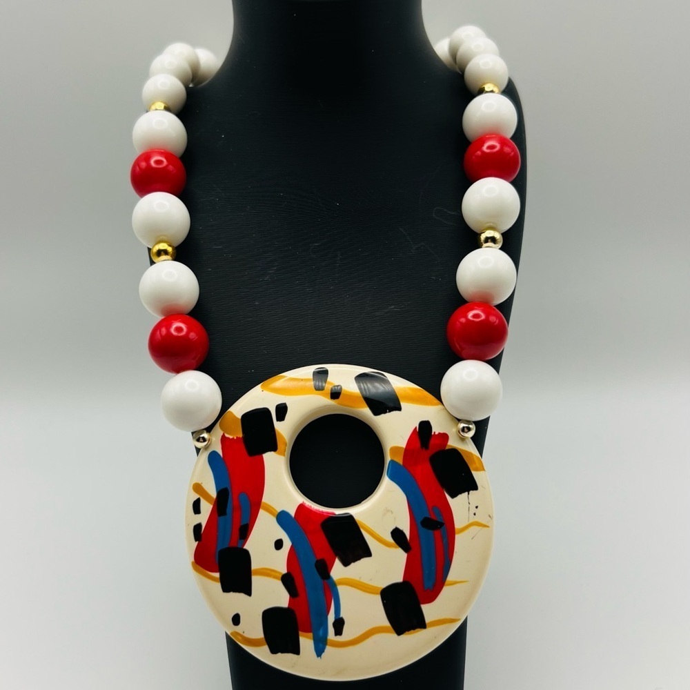 Vintage Abstract Statement Necklace Red White Beads Large Pendant - Picture 3 of 3